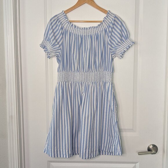 J Crew Mini Dress Women's Medium Blue White Stripe Off-Shoulder Smocked Poplin - Picture 9 of 14